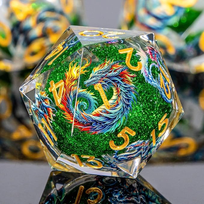 Dragon Pattern Liquid Core DND Dice Set, 7Pcs Sharp Edge D&D Dice with Gift Box, Green Resin Dungeons Dragons D and D Role Playing Dice D20 D12 D10 D8 D6 D4