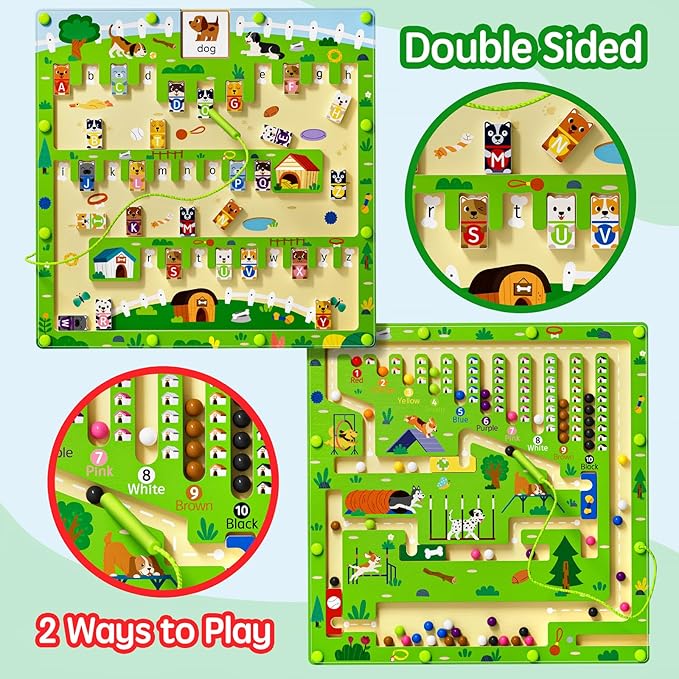 2 in 1 Magnetic Color and Number Maze Magnet Alphabet Counting Dog Puzzle Double Sided Board Fine Motor Skills Montessori Educational Preschool Toys for Boys and Girls 3-5 Age (Wood, One Size)