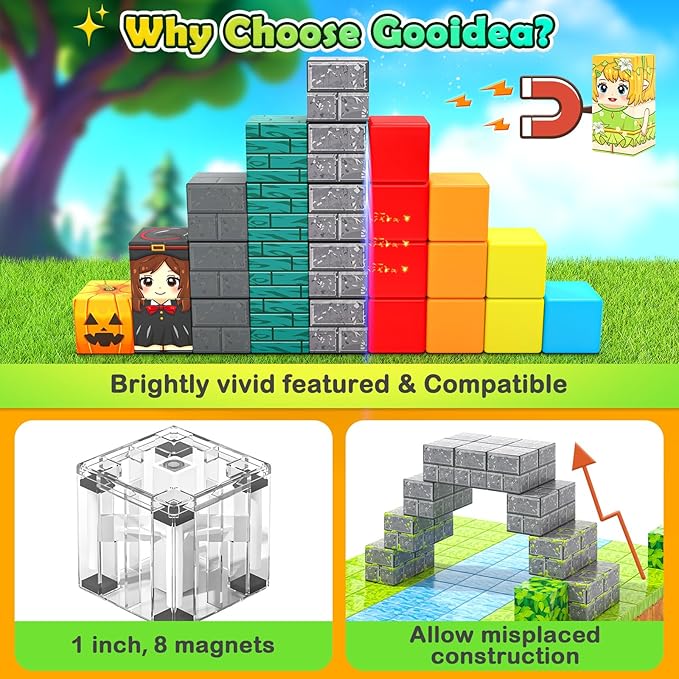 Large Magnetic Blocks Kids Building Toys Mine Magworld Magic Enchanted Building Craft 1'' Cubes, Construction Sensory Toys for 3+ Year Old Boys Girls, Game Gifts for Kids Ages 4-6, 5-7, 4-8, 8-12