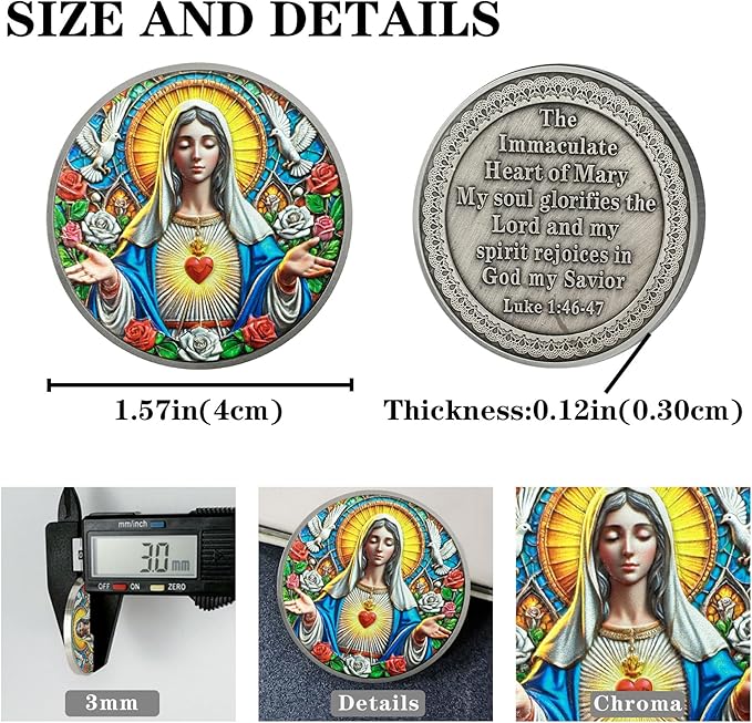 Immaculate Heart of Mary Religious Coin - Inspirational Virgin Mary Medallions with Biblical Verse - Ideal Religious and Spiritual Gifts for Men & Women Celebrating Faith and Devotion