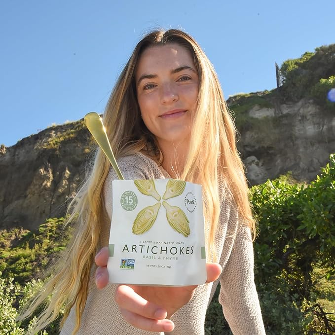 POSHI Marinated Artichoke Hearts with Basil and Thyme – On-the-Go Snack or Salad Toppers – All natural, Non-GMO Vegan, Keto, Low Carb, Gluten Free (10 Pack, 1.58 oz)