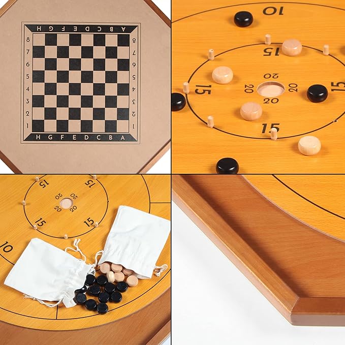 Crokinole and Checkers, 27-Inch Classic Crokinole Board Game with 22" Playing Surface, Canadian Heritage Tabletop Game for Two Players, Dexterity Krokinole Games Great for Families and Friends