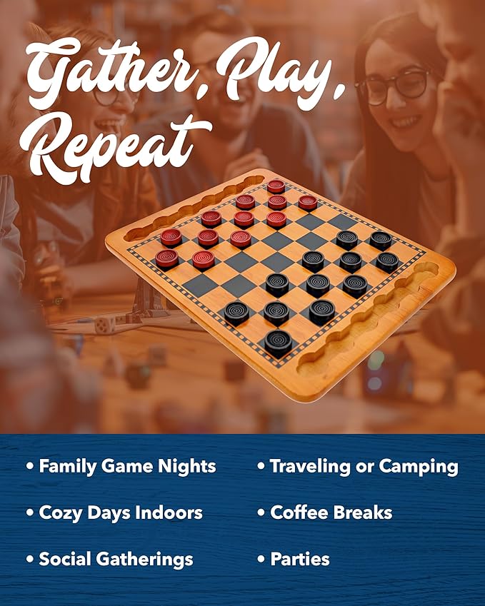 WE Games Solid Wood Checkers Board Game – 14.5-Inch Vintage Checkers Set with Inset Grooves & 24 Red & Black Board Game Pieces – Fun Family Table Game