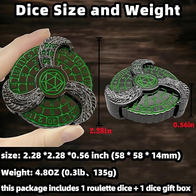 D&D Themed Fidget Spinner, dice Spinner, D4,D6, D8, D10, D12,D20,D% 7-in-1 Metal dice, Perfect for D&D Dungeons and Dragons, RPG and Pathfinder Role Playing Games (Green)