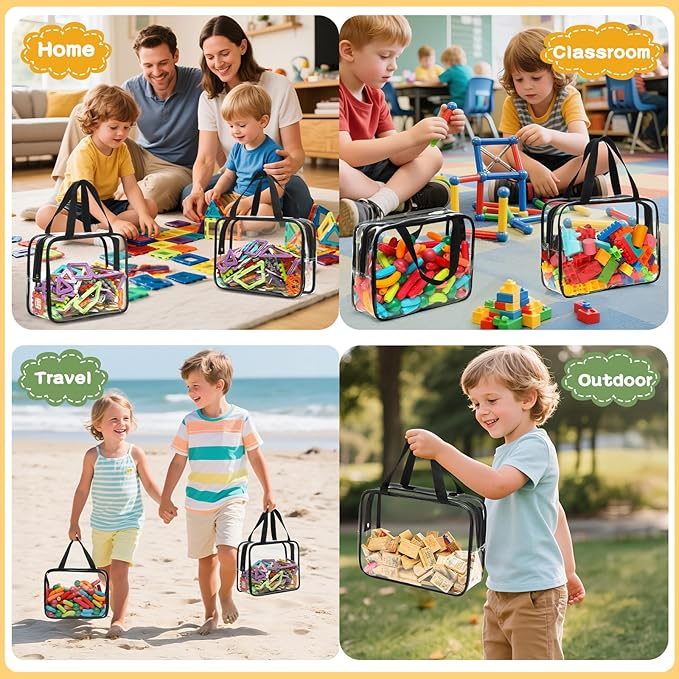 Toy Storage Bags - 6 Packs Toy Storage Organizer with Labels & Pen for Kids, Reusable Clear PVC Board Game Storage with Zipper, Waterproof Travel Bags for Building Blocks, Puzzles (Black)