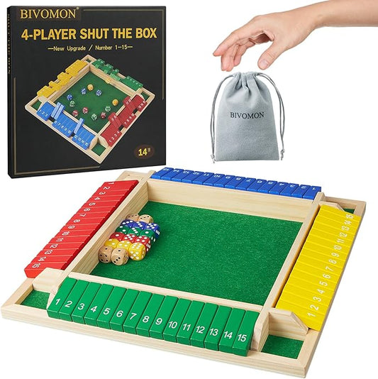 Upgrade Shut The Box Dice Game 1-4 Player, Wooden Board Table Math Games with 16 Dices, Classics Tabletop Version Games for Kids & Adults, Home, Classroom, Party or Pub (14 Inches)