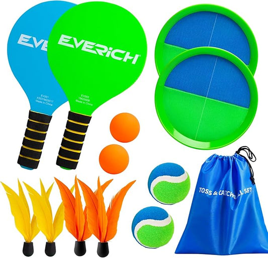 EVERICH Toss and Catch Ball Game Set & Paddle Ball Set, 4 Paddles 4 Balls 4 Birdies for Kids Teens Adults, Outdoor Indoor Beach Yard Lawn Toy Games for Family Fun, All-Season Play Birthday Easter Gift