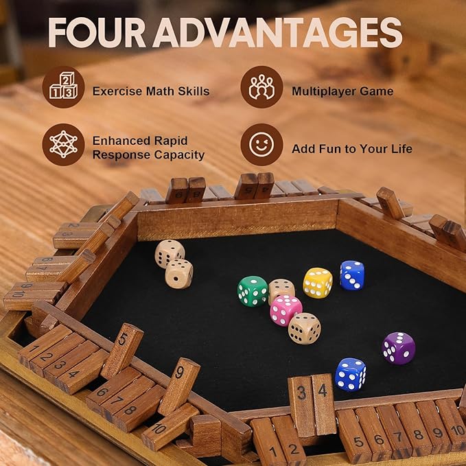 Upgraded 1-6 Player Shut The Box Dice Game with 12 Dice+Bonus Wooden 12 Dice, Classic Wooden Board Table Math Game for Adults,Kids/Tabletop Board Games for Classroom,Home,Party or Pub