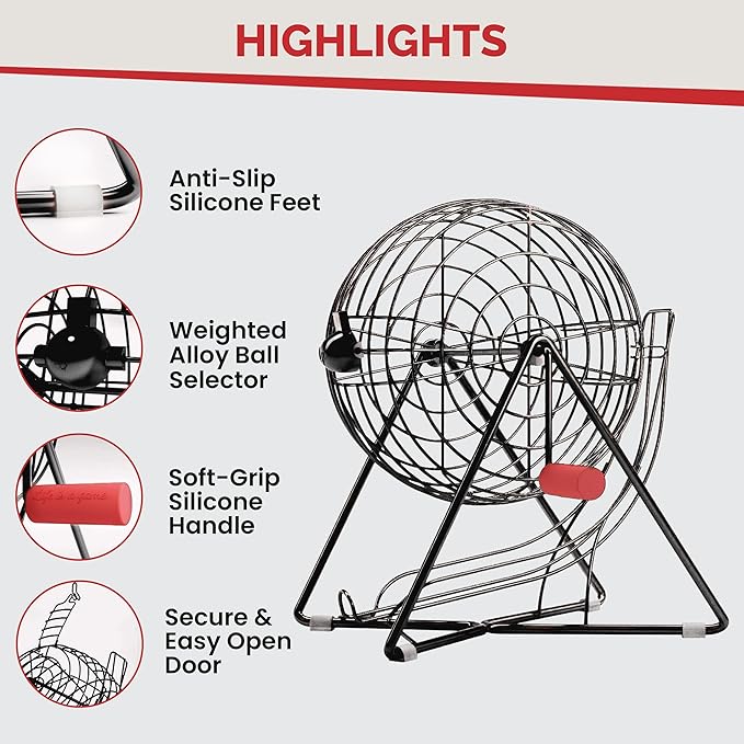 MR CHIPS 11" (Inch) Tall Professional Bingo Set with Steel Cage, Everlasting 7/8” Balls, 18 Cards and 300 Chips - Mysterious Black Color