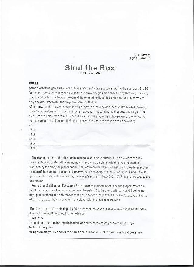 1-4 Players Shut The Box Dice Game, 10 Numbers Traditional Wooden Pub Bar Board Family Table Mat Game Dice for Kids and Adults