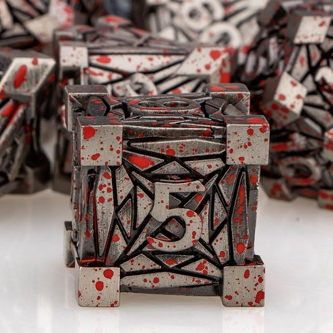 7PCS Metal DND Dice Set with Box, Debris RPG Blood Spatter D and D Dice for use with D&D Tabletop Games Role Playing Game Polyhedral Dice Set D20 D12 D10 D8 D6 D4
