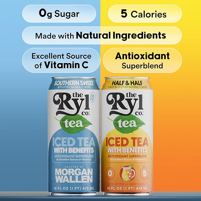 Ryl Iced Tea Front Porch Variety Pack, Sweet Tea and Half N' Half – Antioxidant Superblend, No Artificial Ingredients, Zero Sugar, Five Calories, Low Carb, Non-GMO, Made in the USA, 12-Pack, 16 Fl Oz