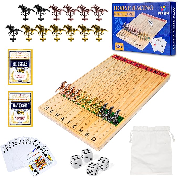 15.6 inches Horse Race Board Game, 13 Metal Horses, 4 Dice, 2 Boxes of Cards, Exciting Horse Racing Game for 11 Players with Solid Wood, Easy-to-Play, For Ages 8+ Ideal for Family and Freinds