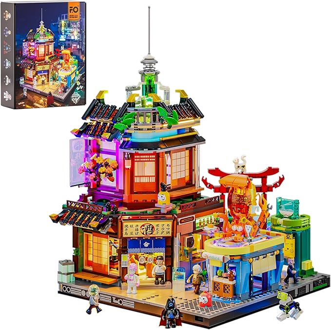 FUNWHOLE Cyberpunk Japanese-Izakaya Lighting-Building-Bricks Set - Cyberpunk Neon City Future Pub Japanese Street View House Collection LED Light Model Set 1987 Pcs for Adults and Sci-fi Lovers