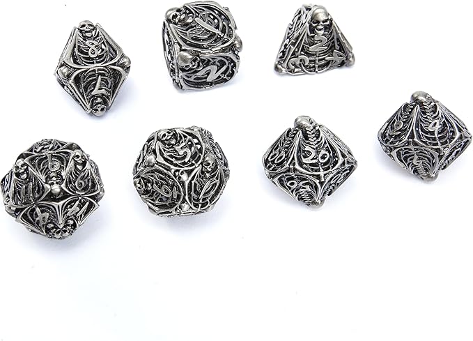 Metal Skull Dice Set Hollow Multi-Sided Dungeons & Dragons Dice 7CPS Role-Playing Dice Set with Flannel Bag Suitable for D&D Board Game Cards(Antique Nickel)
