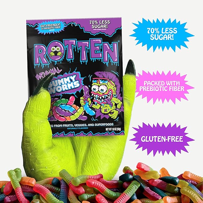 Rotten Original Gummy Worms - Low Sugar, Low Calorie, 7g Gut-Friendly Prebiotic Fiber and 3g Protein, Gluten Free Candy - 1.8 oz - 8-Pack