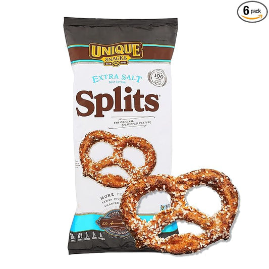 Unique Snacks Extra Salt Splits Pretzels, Original Split-Open Pretzels, Delicious Homestyle Baked Snack Bag, OU Kosher, and Non-GMO Food, No Artificial Flavor, 11 Oz. Bag, Pack of 6