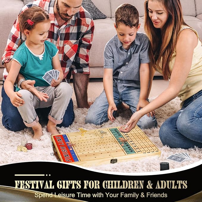 21 Inch Horse Racing Game, 11 Luxury Metal Horses, Thickened Wood Chessboard, Chips, Cards & Dice, Classic Wooden Table Top Board Game for Adults & Family