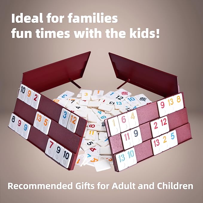 Classic Rummy Cube,106 Rummy Game with Portable Carton, Tradditonal Board Game for Family, 106 Tiles, 4 Plastic Holders（2-4 Players）