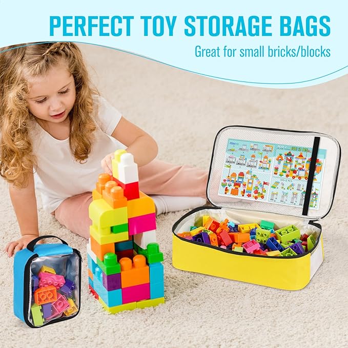 6 Pack Toy Storage Bags, Reusable Board Game Storage Bag with Visible Top, Label Slot, Manual Pocket&Handle, Travel Organizer Case for Bricks, Building Blocks, Puzzle, Car Toys, 3 Different Size