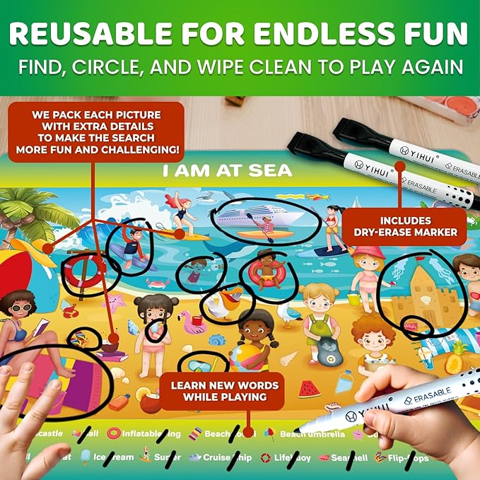 QUOKKA Busy Book Handwriting Practice for Kids - Search & Find - Activity Cards for Kids 3-8 – Reusable Mats with Dry-Erase Marker, Explore 20 Topics, Road Trip Activities, and Travel Games