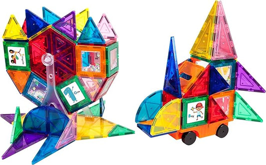 PicassoTiles 120pc Master Builder Magnetic Building Block Construction Set Toy Blocks with Ferris Wheel, Castle Click-in, 28 Educational Alphabet Animal and Number Graphic Card, Car Truck Windmill