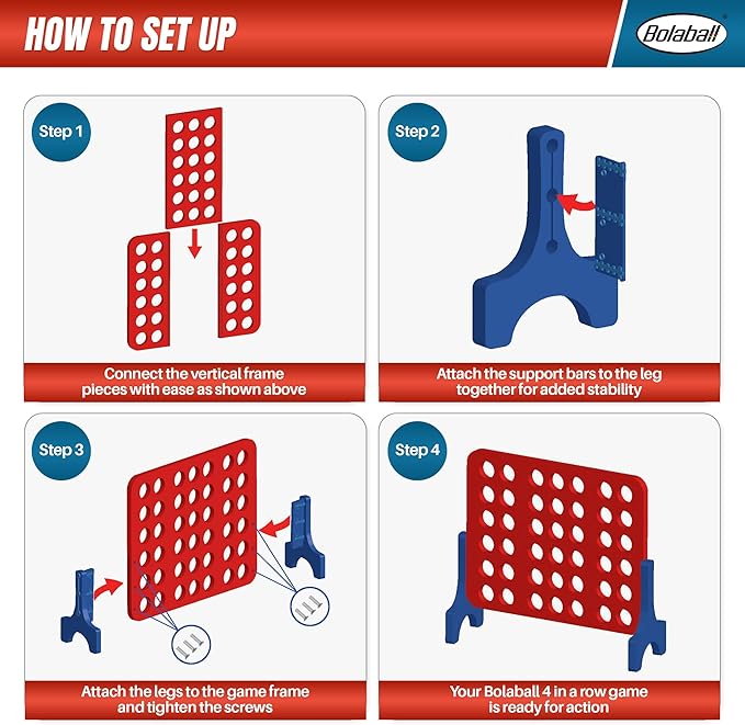 Bolaball 4 in a Row Tabletop Game – 1.8 Ft 4 to Score Game for Kids & Adults, Indoor/Outdoor Family Yard, Portable Party for Home, Picnic & Travel, Plastic Version.