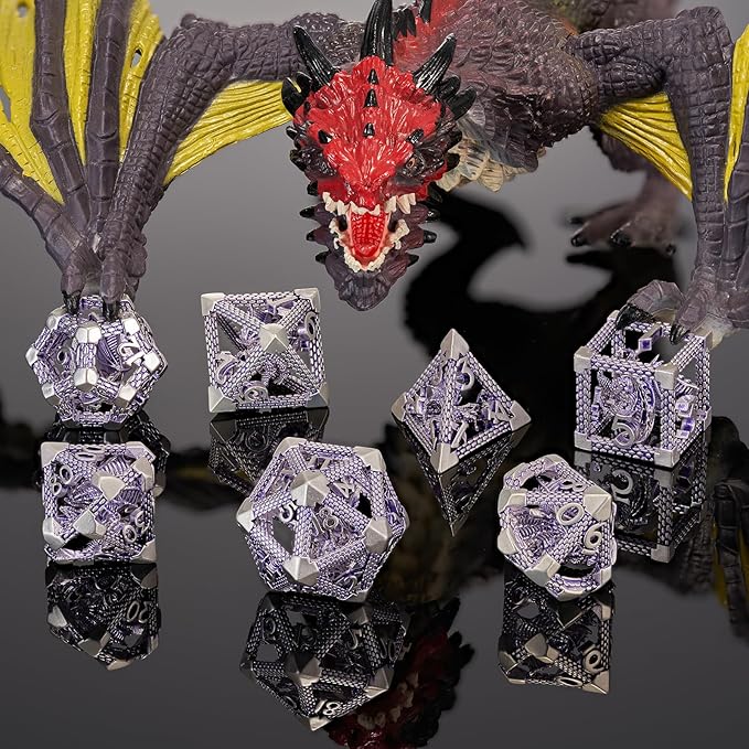 DND Dice, HNCCESG Purple White Dragon Hollow Metal Polyhedral Dice Set for Dungeons and Dragons Dice RPG MTG Table Board Games (Purple White Dragon)