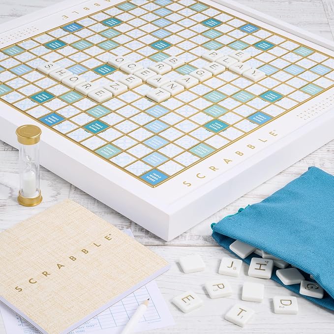 WS Game Company Scrabble Bianco Edition with Rotating Wooden Game Board