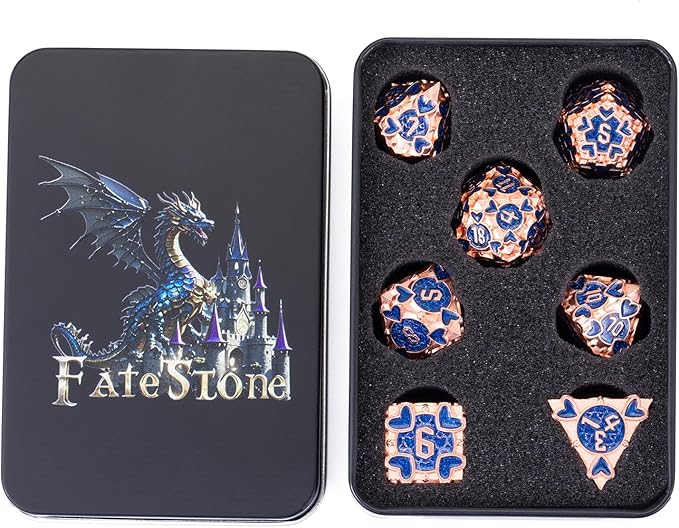 DND Metal Dice 7pcs D&D Dice Set Box Suitable for Dungeons and Dragons MTR PRG Tabletop Games (Champagne-Blue)