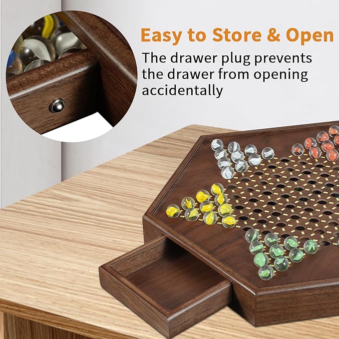 Chinese Checkers Set, 15 Inch Wooden Checkers Board Game with 60+12 Colorful Glass Marbles Fun Family Chinese Checkers Game for 2-6 Players