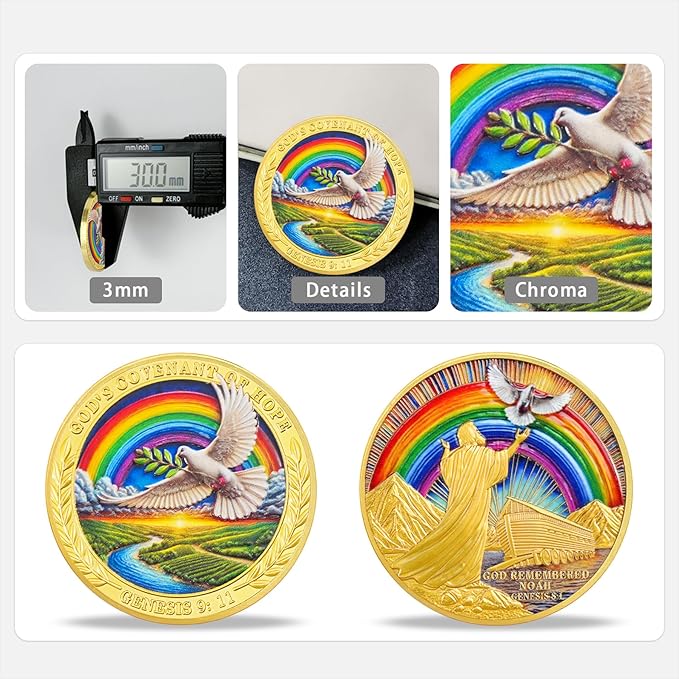 Rainbow Ark Dove Religious Coin Inspirational Bible Verse Medallion Faith-Based Gifts for Spiritual Encouragement for Men & Women