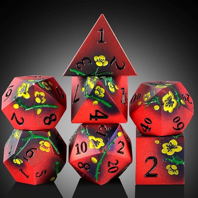 DNDND Metal Dice, 7 PCS Metallic Flowers D&D Dice with Gorgeous Gift Case for D&D Dungeons and Dragon Tabletop Game (Red and Yellow)