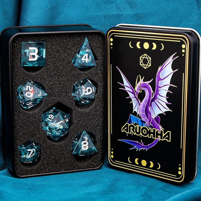 ARUOHHA Liquid Core DND Dice Set, 7pcs Resin Blue Sharp Edged Dragons Dice Compatible with D&D Role Playing Games, Handmade RPG Koi Fish Dungeons Polyhedral Dice Set D20 D12 D10 D8 D6 D4