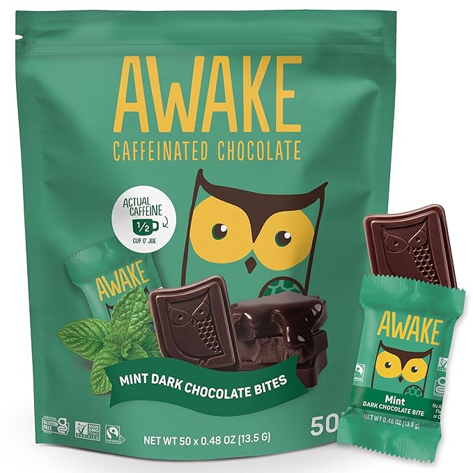 AWAKE - Caffeinated Chocolate Bites - Mint Dark Chocolate, 50 Bites - 50mg Caffeine - Individually Wrapped Energy Bites - Coffee Alternative - Fairtrade, Gluten Free, Non GMO - 0.48oz