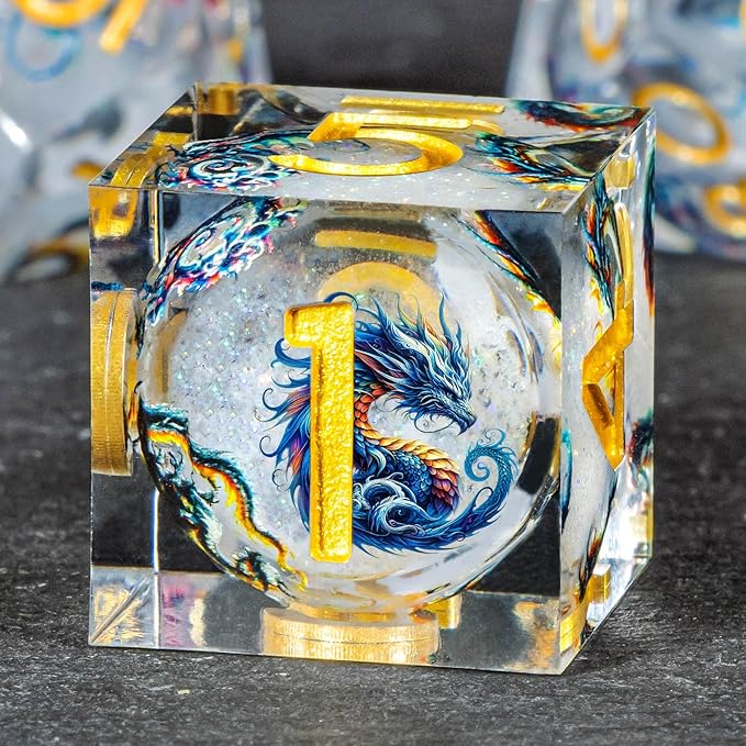 OUKELANWO Liquid Core Dragons Stickers DND Dice Set D&D, 7Pcs Dungeons D and D Role Playing Dice with Gift Box, Resin Sharp Edge Dice D20 D12 D10 D8 D6 D4, White Gold