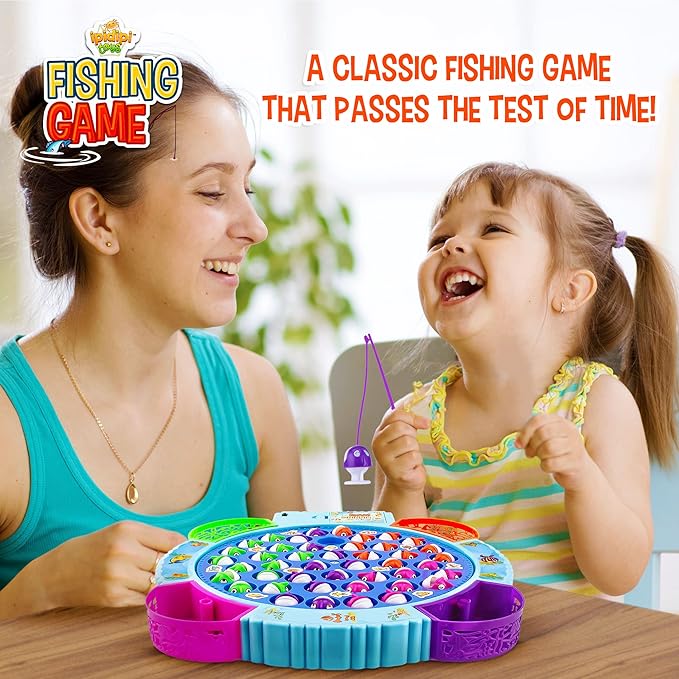 IPIDIPI TOYS Fishing Game for Kids - Magnetic Fishing Set for Toddlers - Rotating Fish Board with Music, Educational, Fine Motor Skill Activity for Boys and Girls - 45 Fish, 8 Poles