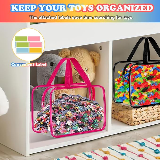 AOBOPLE 6 Pack Extra Large Toy Storage Bags with Zipper,11.8×8.7×5.9in Reusable Clear Toy Organizer Bags with Labels Toy Bags for Board Games, Building Blocks, Puzzles, Small Toys and Kids Books