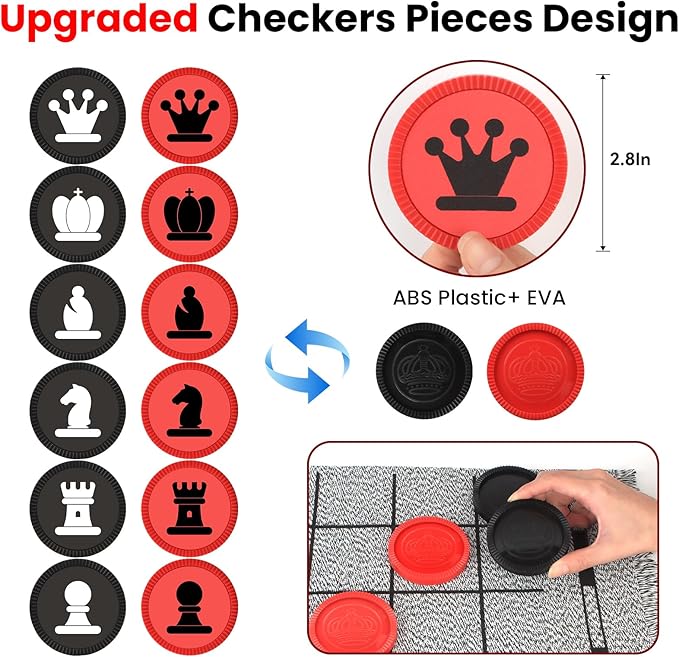 Giant 4 in 1 Chess Set,Jumbo Chess & Giant Checkers & Large Tic Tac Toe, Giant Chess Board Game for Kids Adults,Including 2 Extra Queen,Large Checkers Rug Game Mat, Indoor Outdoor Games Camping Party