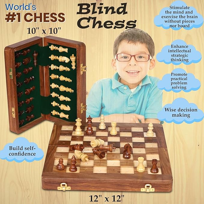 Rosewood Foldable Travel Chess Set for The Blind or Those with Low Vision or Visually Impaired - Large (10 inch)