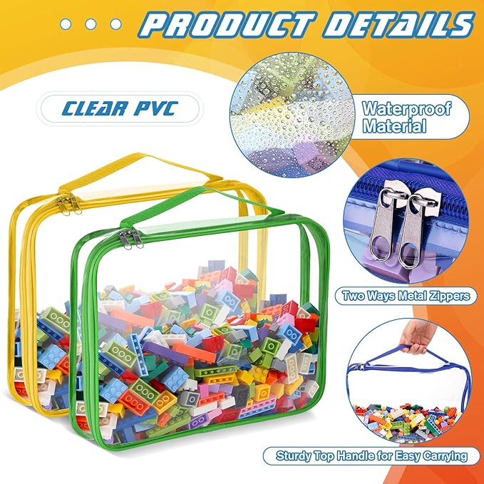 Sanwuta 6 Packs Toy Storage Bags, PVC Organizing Case Bags with Zipper, Waterproof Toy Container for Board Games, Building Blocks, Puzzles, Small Toys and Kids Books(Large,Simple Colors)