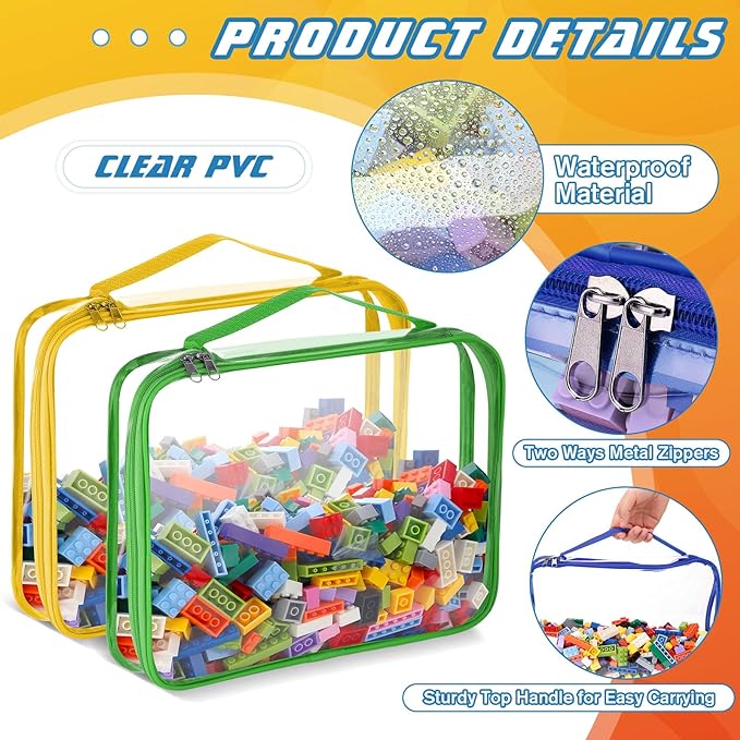 Sanwuta 6 Packs Toy Storage Bags, PVC Organizing Case Bags with Zipper, Waterproof Toy Container for Board Games, Building Blocks, Puzzles, Small Toys and Kids Books(X-Large, Large, Small,Black)