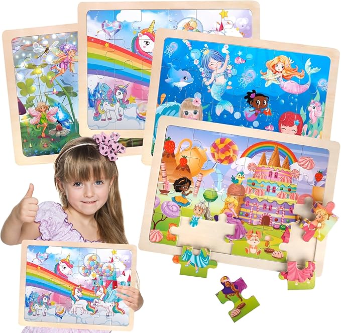 Jigsaw Puzzles Wooden Puzzles for Girls Ages 3-5 Unicorn Mermaid Princess Fairy Puzzle Preschool Educational Brain Teaser Boards Toys Gifts for 3 4 5 6 Year Old Kids 4 Packs 24 Pcs