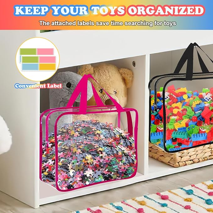 AOBOPLE 6 Pack Toy Storage Bags with Zipper, Reusable Clear Toy Organizer Bags with Labels PVC Board Game Storage for Travel Organizer Building Blocks, Puzzle,6 Colors (11.8x8.7x3.9in)
