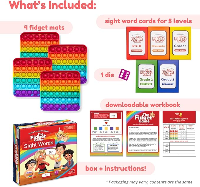 THE FIDGET GAME Sight Words - Reading Flashcards and Pop Fidget Toys for Kids Pre-K to Third Grade - Learning Activities and Games for High-Frequency Dolch Sight Words - Includes Mats and Dice