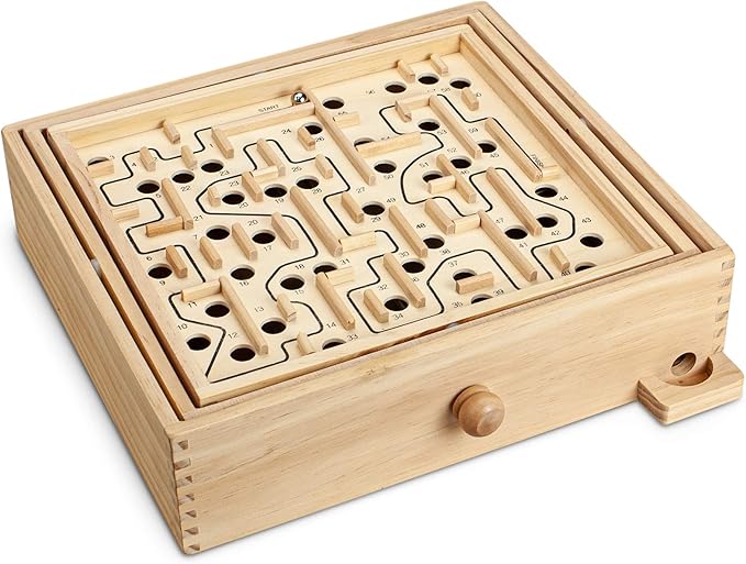 STERLING Games Large Wooden Labyrinth 13.5" x 13" Marble Ball Tilt Maze Wood Game with 60 Waypoints for 6 Years and Up