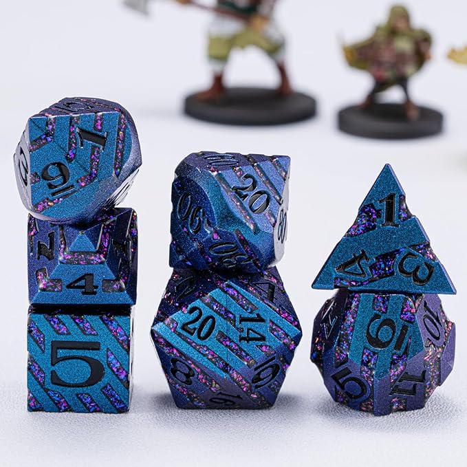 Metallic Glitter Stripes D&D Dice Set,7 PCS Polyhedral Dice Set with Gift,RPG Metal Dice Set Dungeons and Dragons Tabletop Game (Blue+Light Purple)