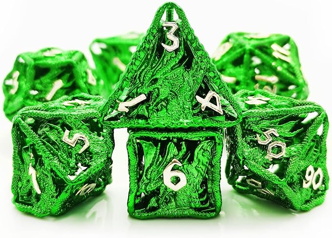 HAOMEJA Hollow Dragon Dice DND Metal Dice Set 7 Role Playing Dice D&D Dungeons and Dragons Dice (Green)