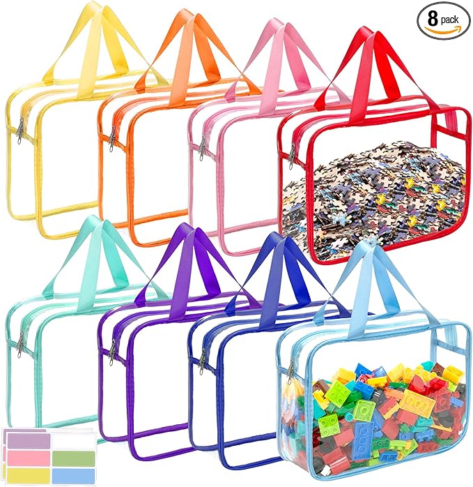 8 Packs 8 Colors Large Toy Storage Bags with Zipper and Labels, Clear PVC Waterproof Toy Organizers Bags for Board Games, Puzzles Pieces, Building Blocks, Handmade Accessories, Kid Books