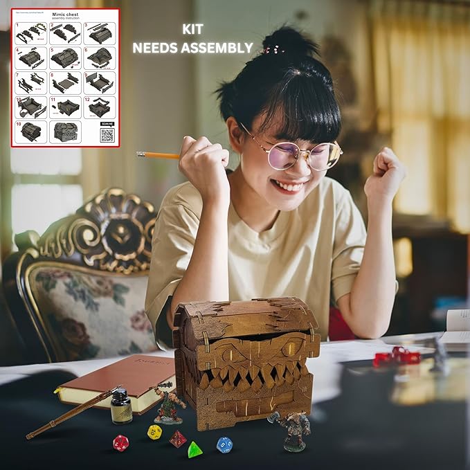 Mimic Chest for Dungeons and Dragons Tower with Tray Wood Laser Etched Cthulhu Portable and Collapsible Dice Roller Perfect for Board Game and Tabletop RPG